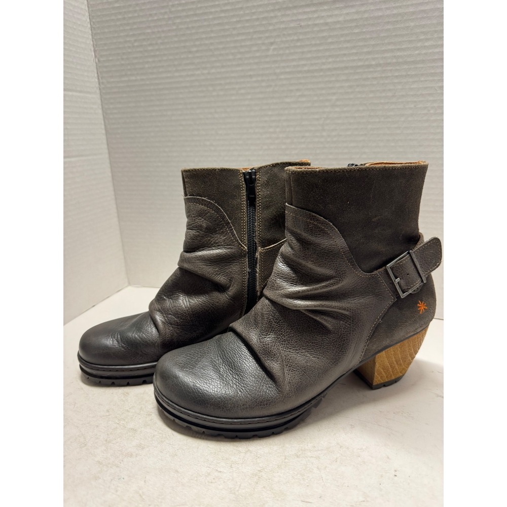 Art Company Womens Grey Leather Ruched Buckle Ankle Boots Size 39 8.5 Spain